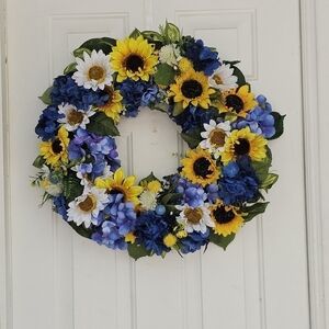 Handmade sunflower and blue hydrangea wreath for everyday, summer,spring